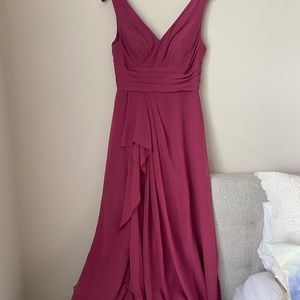 Burgundy long sheer bridesmaid ruffle dress